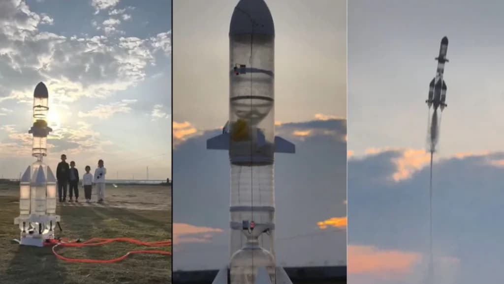 ပလတ်စတစ်ဘူးခွံတွေနဲ့ တီထွင်ထားတဲ့ ဒုံးပျံကို တရုတ်မူလတန်းကျောင်းသားတွေ လွှတ်တင်