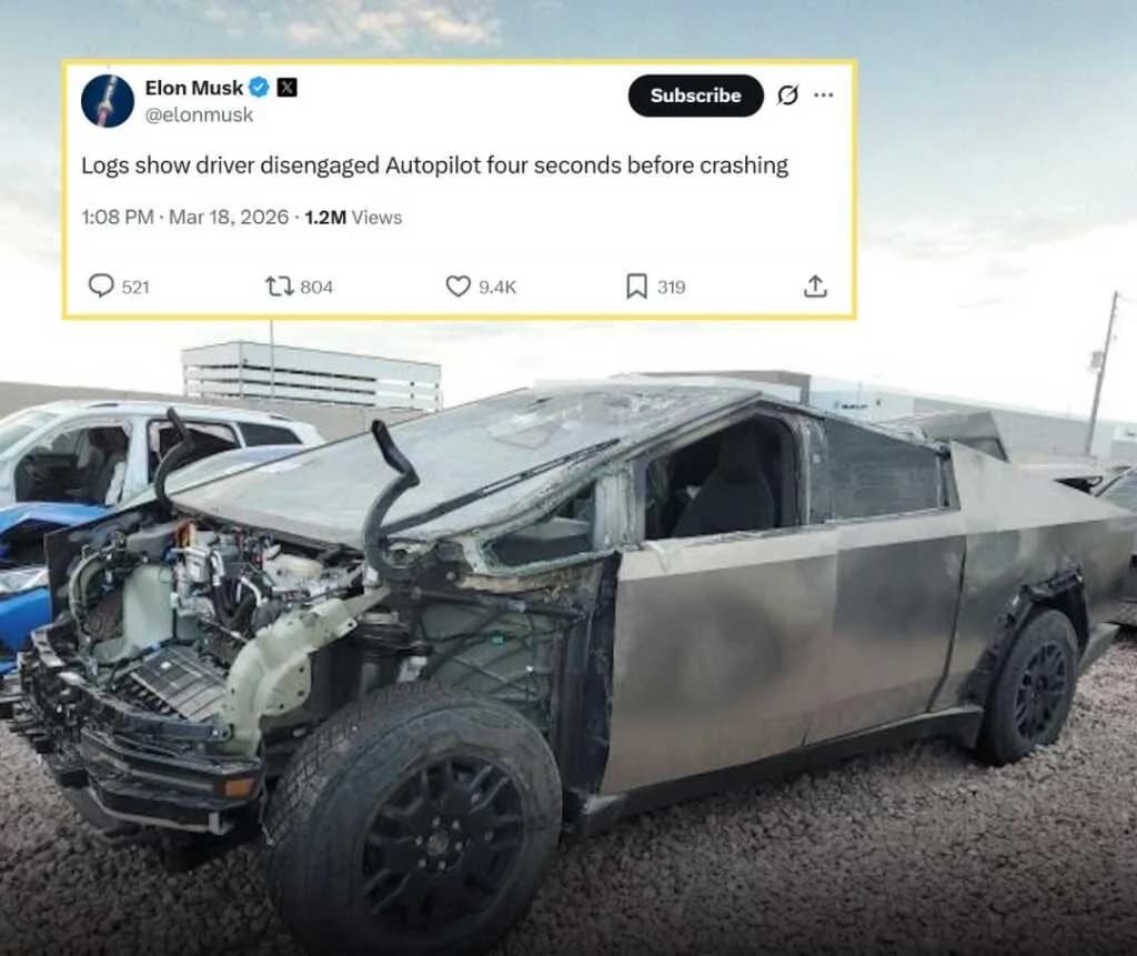 ကားတိုက်မှု မဖြစ်ခင် ၄ စက္ကန့်အလိုမှာ အလိုအလျှောက်မောင်းစနစ်ကို ပိတ်လိုက်လို့ Tesla Cybertruck တိုက်သွားတာလို့ Elon Musk ဖြေရှင်း